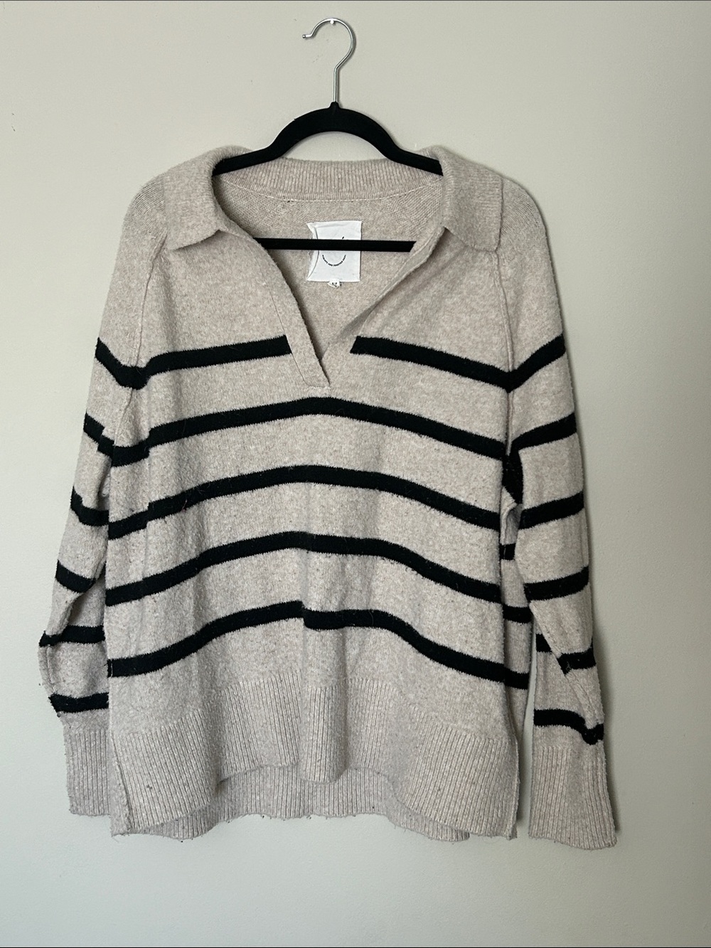 aerie Cream & Black Striped V-Neck Collared Sweater